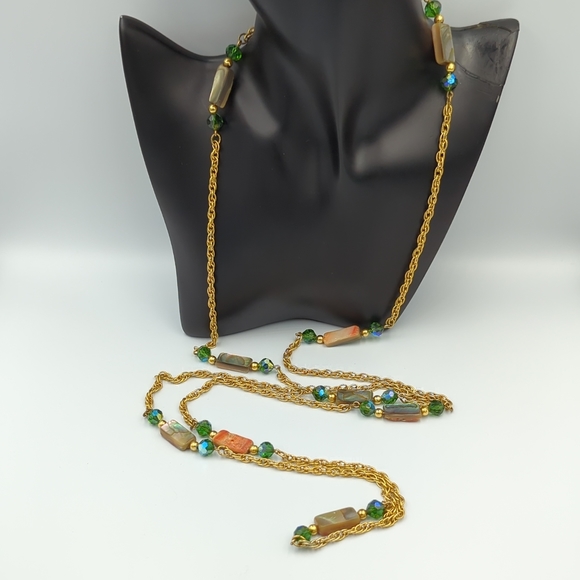 Vintage Gold Tone Necklace Abalone Shell Green AB Glass Beads Stations Long 42" - Picture 3 of 10